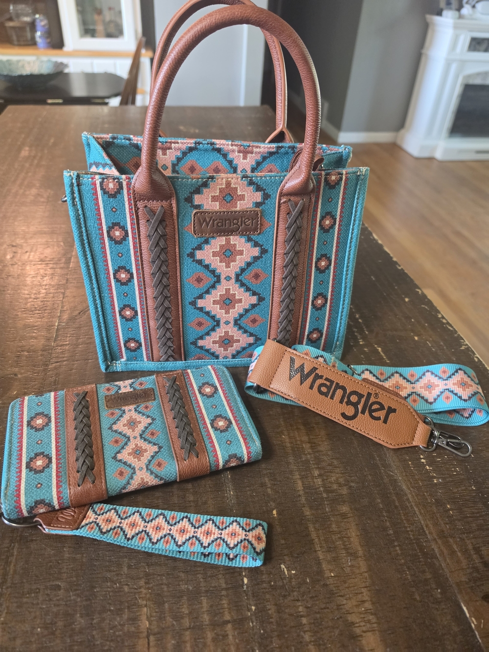 Wrangler Turquoise Southwestern Tote Bag with Matching Wallet & Strap